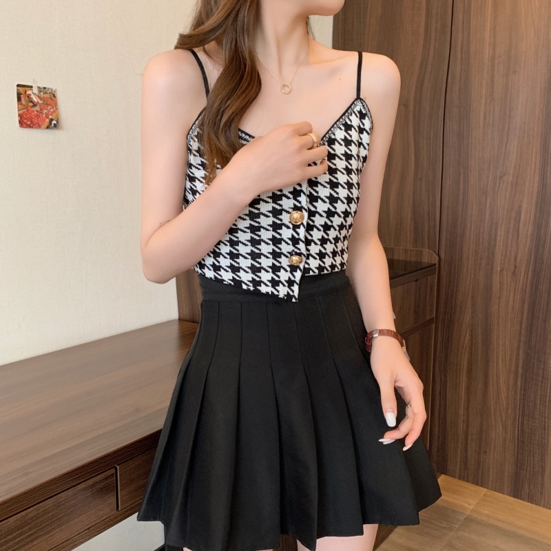 Áo kiểu hai dây ZHELIHANGFEI dệt kim dáng ngắn cài nút thời trang