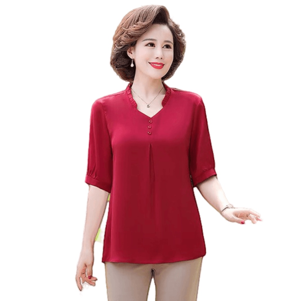 Áo sơ mi nữ trung niên sang trọng Vinfa ,mẫu áo ngắn tay , cổ tròn , chất liệu voan lụa mềm mại