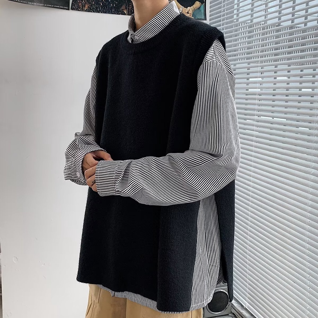 Áo sweater Dệt Kim Sát Nách Dáng Rộng Kiểu Nhật Bản Thời Trang Thu Đông Cho Nam Cỡ m-2xl 2 Màu Lựa Chọn