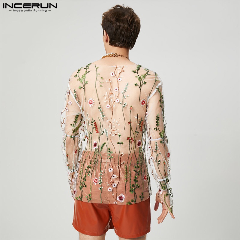 Áo thun INCERUN tay dài phối lưới xuyên thấu thêu hoa quyến rũ cho nam