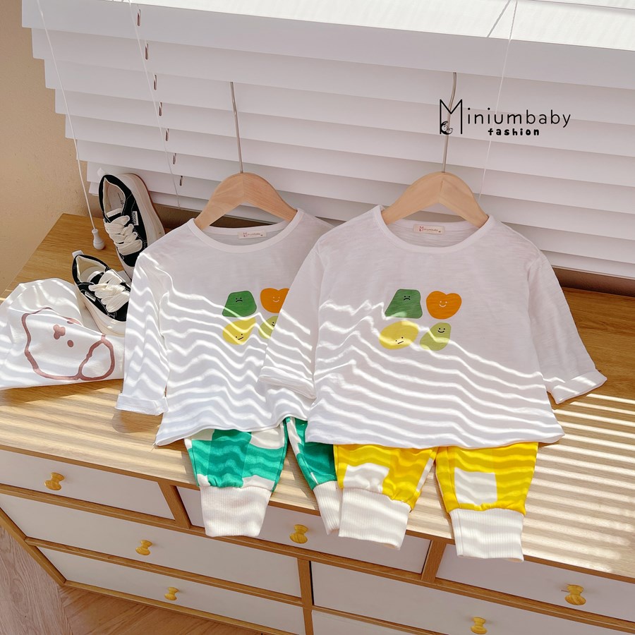Bộ đồ áo dài tay cotton sược quần dài cotton da cá thu đông in củ quả cho bé gái/ trai, miniumbabyfashion SB1306