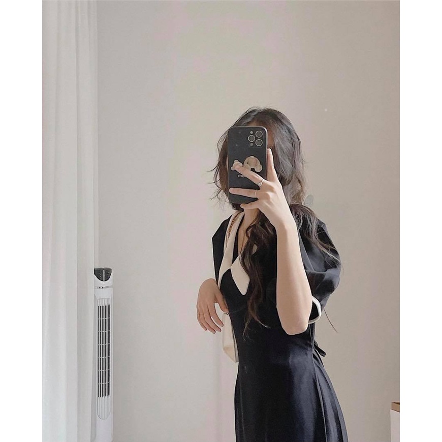 ĐẦM MIDI ĐEN TAY BỒNG CỒ NHỌN TRẮNG | BigBuy360 - bigbuy360.vn