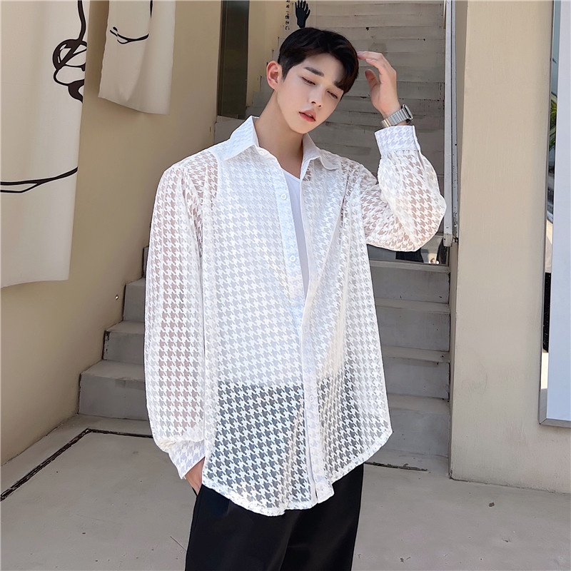 Áo Sơ Mi Mỏng Tay Dài Họa Tiết Houndstooth Ren Thoáng Khí Thời Trang Mùa Hè Cho Nam