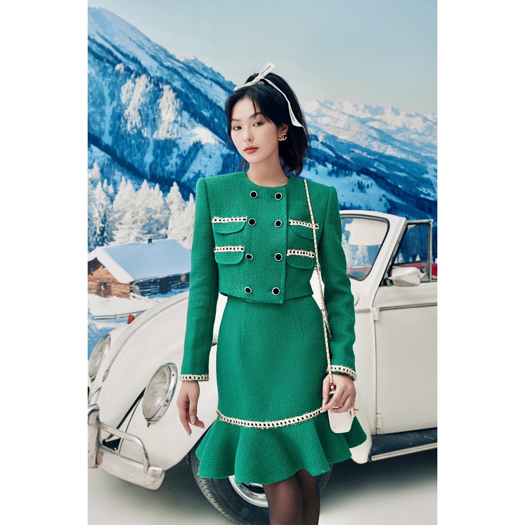 Set áo dạ tweed cổ tròn và chân váy đuôi cá HUONG BOUTIQUE HBVEST170