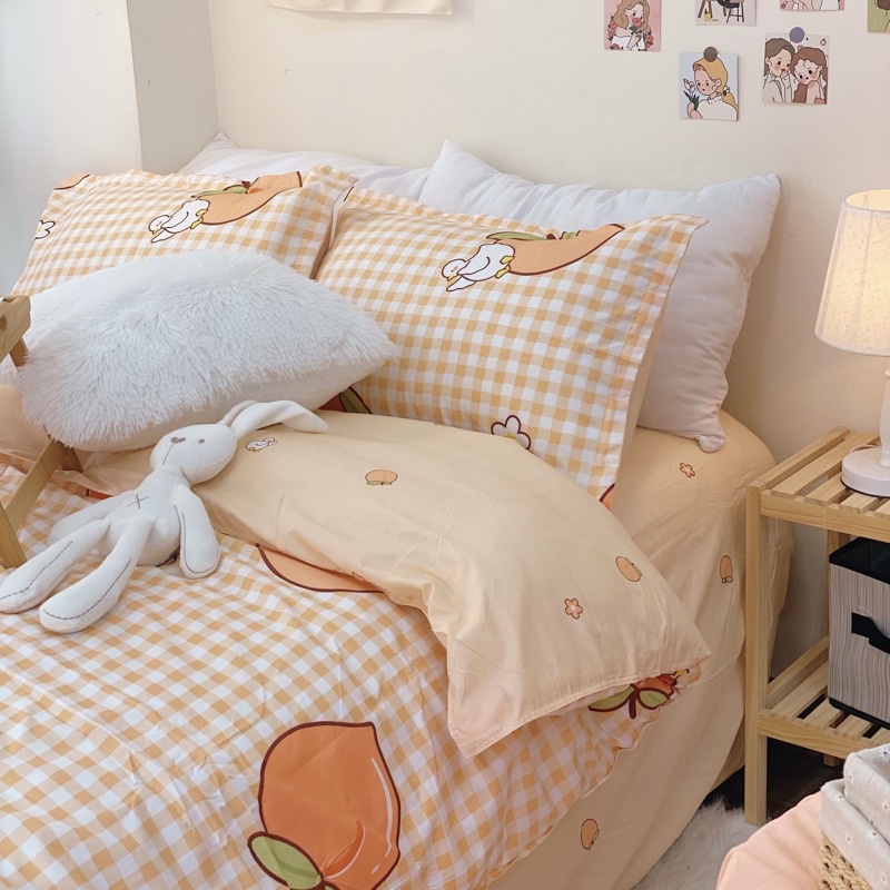 Bộ chăn ga gối Cotton Poly họa tiết quả đào màu hồng cam MÂY BEDDING đủ kích thước nệm