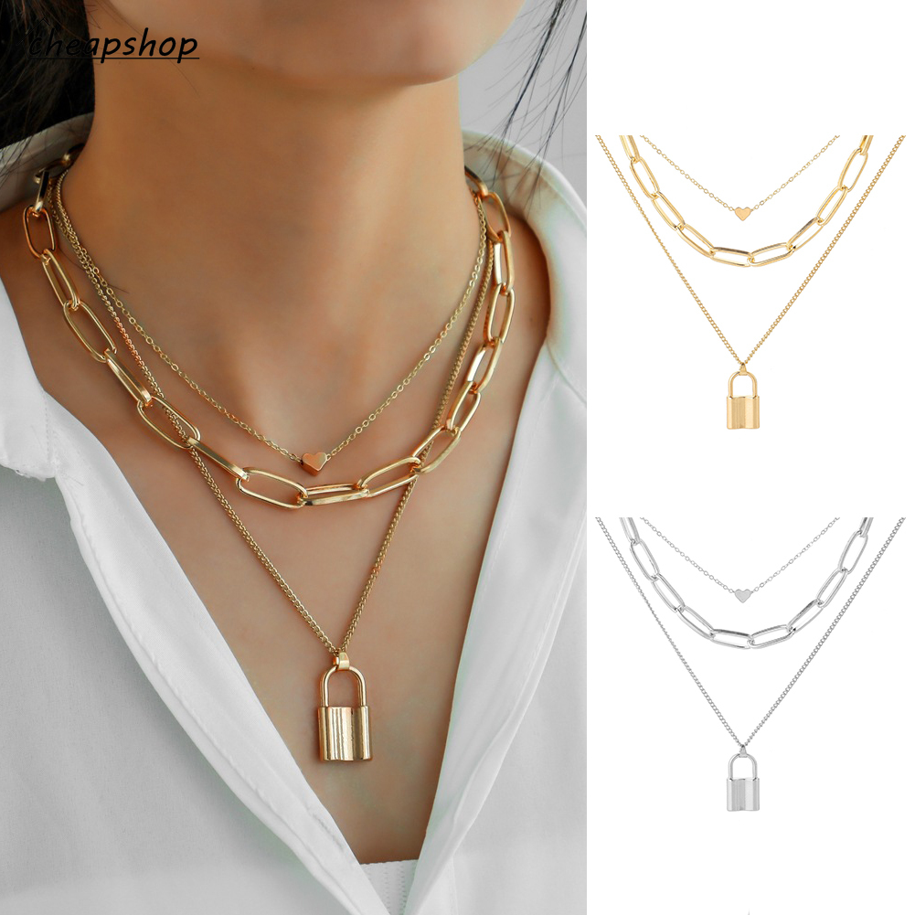 iF YOU Vòng Cổ Nhiều Lớp Mặt Hình Ổ Khóa Trái Tim Thời Trang Cho Nữ