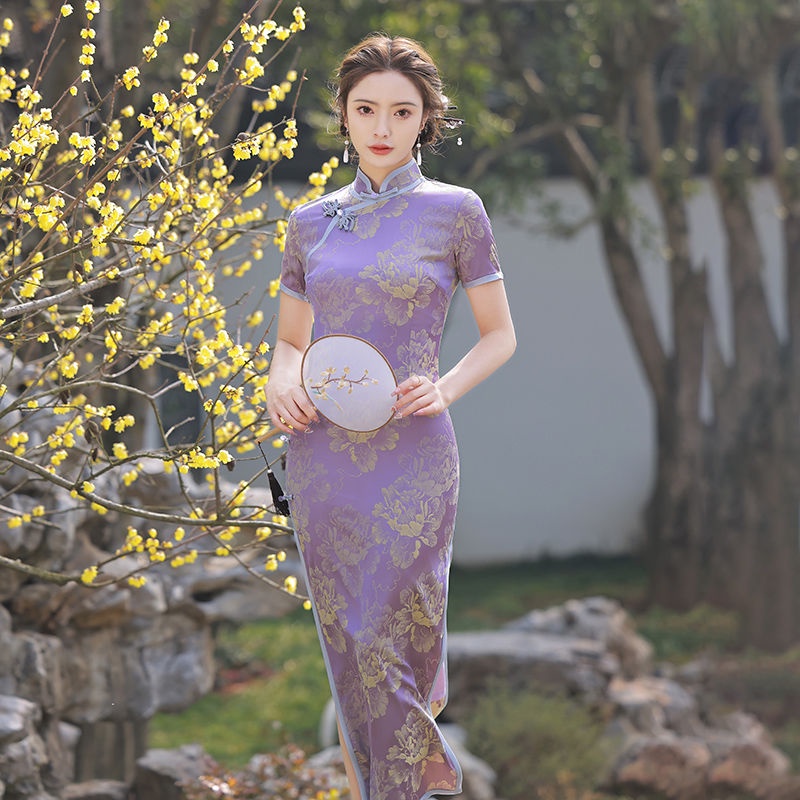 Sườn Xám Cách Tân Màu Tím Phong Cách Trung Hoa Cổ Điển Cao Cấp Cho Nữ