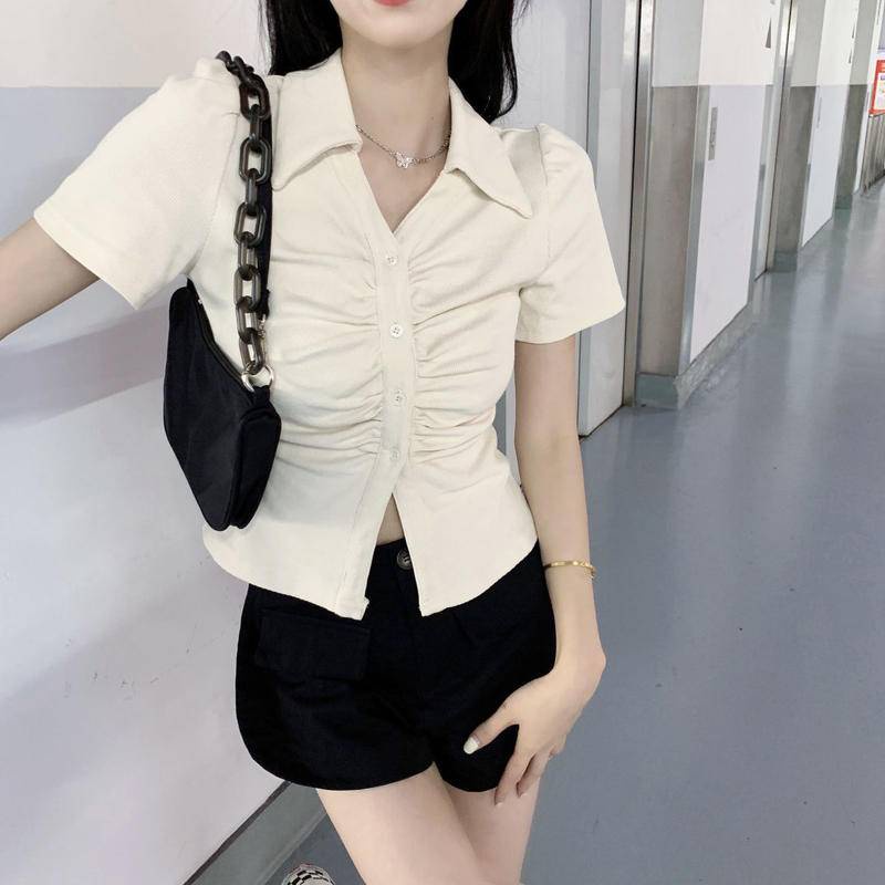 Áo Thun Cổ Polo Dáng Ôm Phong Cách Retro Pháp Dễ Phối Đồ Thời Trang Cho Nữ