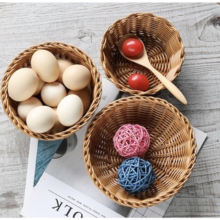 Khay tròn nhựa giả mây vintage trang trí bàn ăn