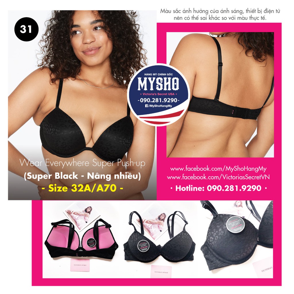 AA70, A70, B70, A75, B75, A80, B80 - Áo Super Push-up, màu nude, đen, nâng nhiều - Super Nude, Pink Victorias' Secret