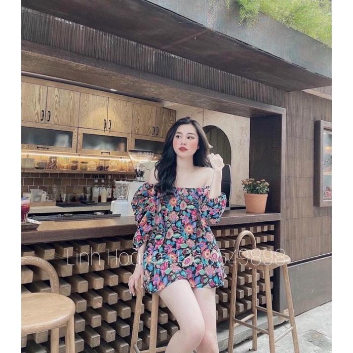 TBO-Video ảnh thật, Đầm váy dáng babydoll xoè cúp ngực trễ vai vải lụa in 3D họa tiết hoa lá cành TASA