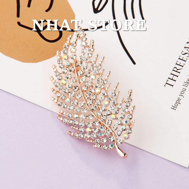 Cài áo nam nữ Nhat Store, ghim cài áo hình lá đính đá cỡ 3.5x6.9cm (Brooches &amp; Pins Nhat Store Accessories)