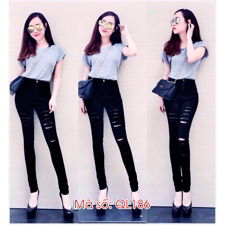 Quần jean 1 nút lưng cao rách 2 bên giống helen