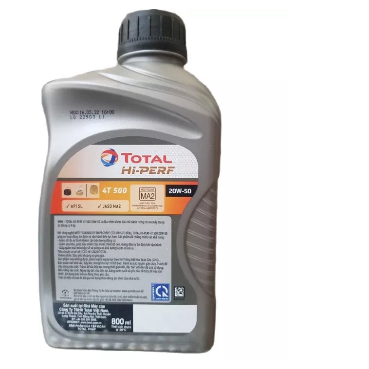 [Chính hãng] Nhớt xe máy TOTAL HI PERF 4T 500 20W50 chai 800ml, Nhớt Total 4T 500 20W50 chai 800ml cho xe số