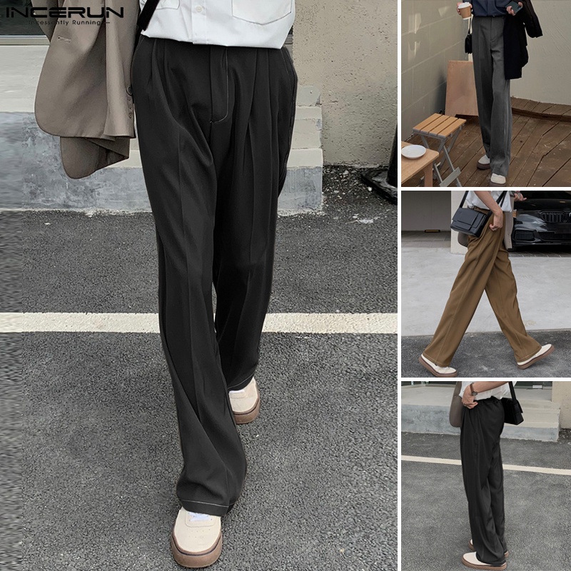 Quần dài INCERUN lưng cao ống đứng màu trơn thời trang công sở cho nam
