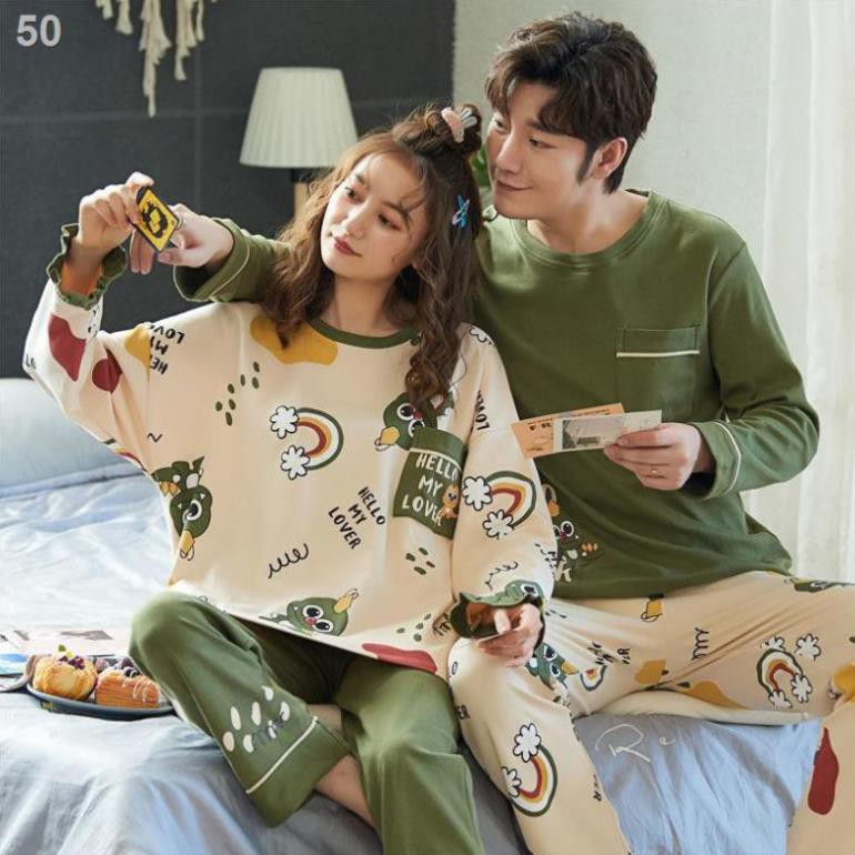Couple pyjama mùa xuân và thu dài tay cotton nam nữ hè kimono mỏng phù hợp với sinh viênB  ཾ