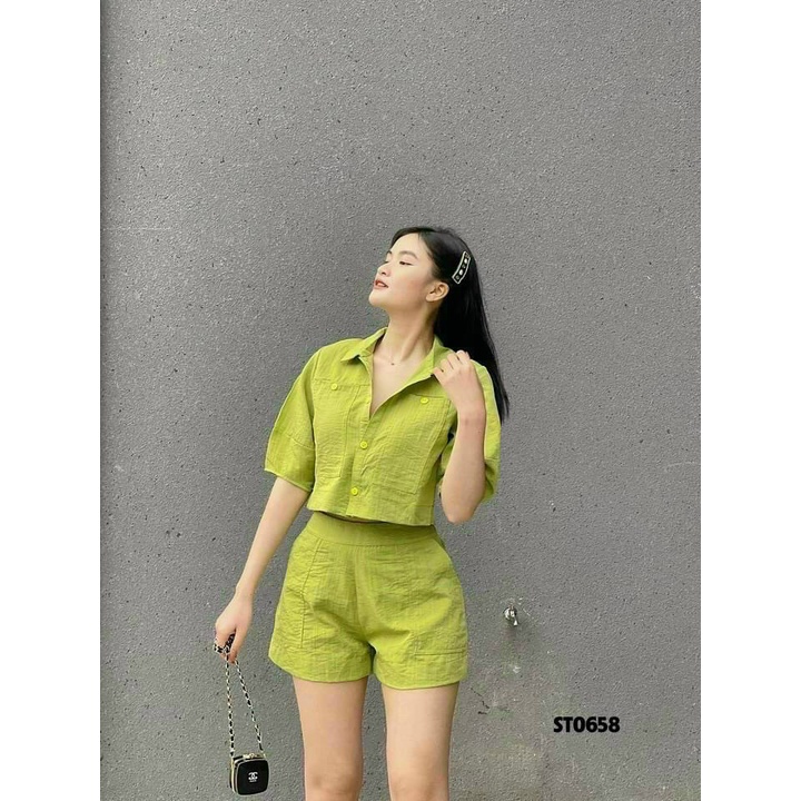 [8.8 Sales Freeship] Set đồ nữ, set bộ đùi đũi, set bộ sơ mi đũi tay ngắn áo croptop + quần short phồng cá tính