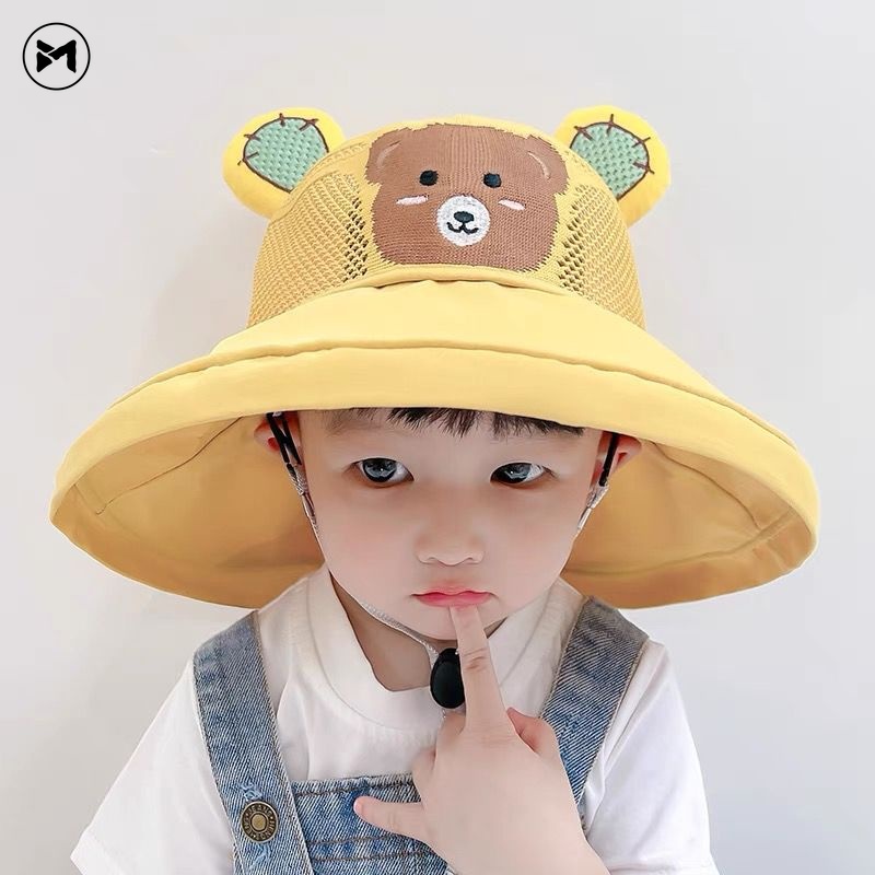 Nón Tai Bèo Phối Lưới In Họa Tiết Gấu Hoạt Hình Thoáng Khí Thời Trang Mùa Hè Cho Bé 2-6 Tuổi
