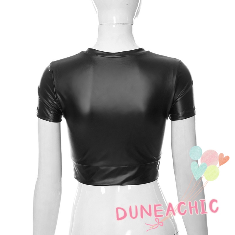 DUNEA Áo Croptop Da PU Ngắn Tay Cổ Tròn Gợi Cảm Cho Nữ