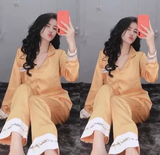 Bộ lụa viền chữ kí Quần+ áo dài B95