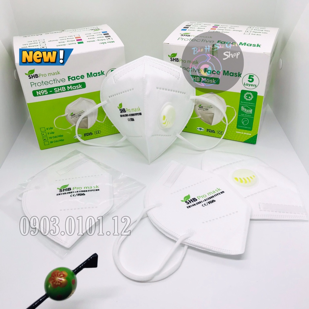 Khẩu trang n95 có van thở SHB Pro Mask, Kn95 chính hãng 5 lớp kháng khuẩn đạt chuẩn FFP2 (hộp 10 cái)