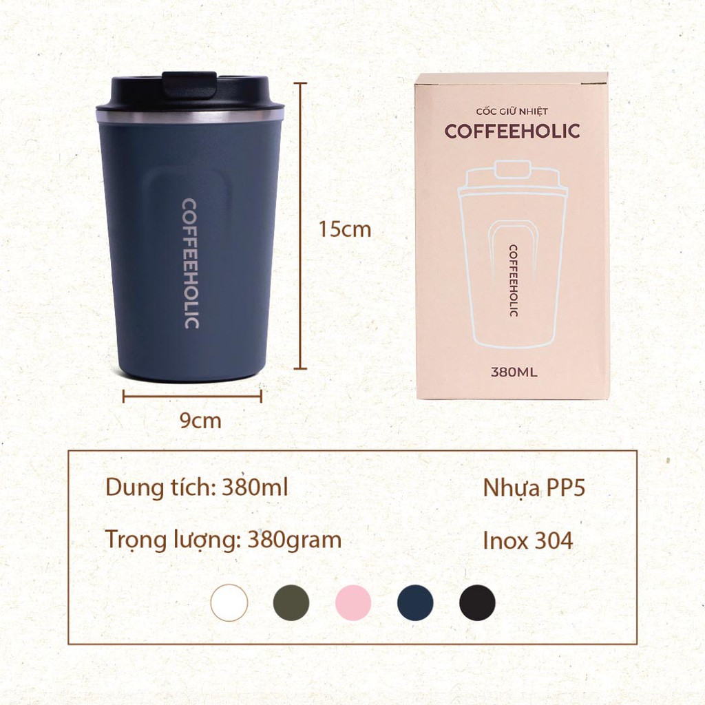 Cốc giữ nhiệt Coffeeholic 01 Lason, inox 304, chống tràn, ly uống cafe, đựng nước, lạnh, nóng 6 - 8 tiếng COC00520