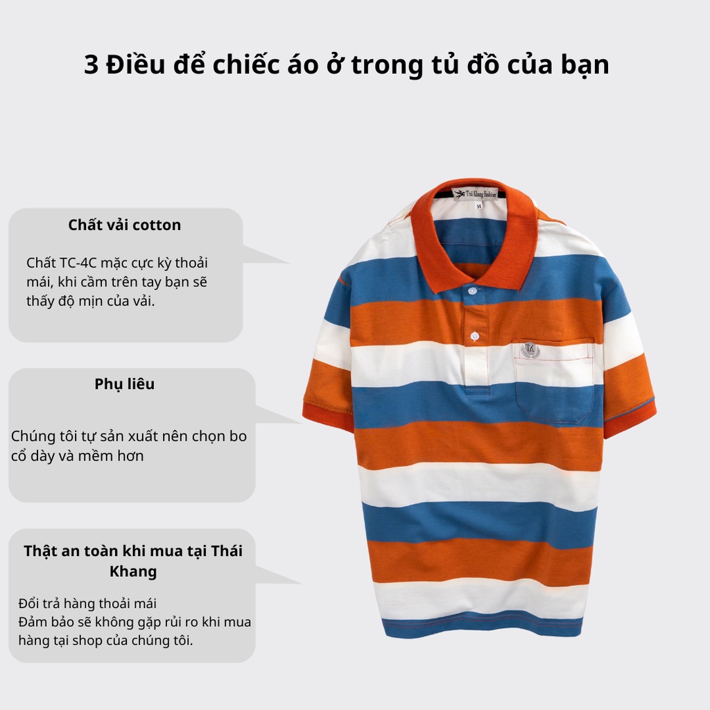 Áo thun nam ngắn tay sọc ngang trung niên vải cotton dày mềm mát loại áo thun nam có cổ có túi ATHUN15