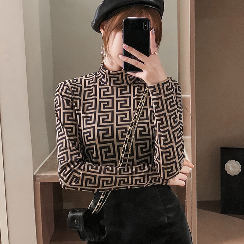 Áo Thun Dài Tay Ôm Dáng Họa Tiết Da Báo Cổ Cao Xinh Xắn Phong Cách Hàn Quốc