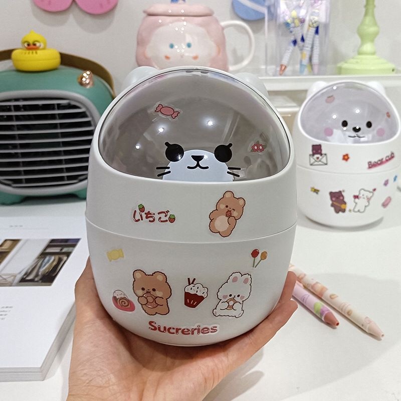 ( Có sticker ) Thùng rác mini hình gấu mèo để bàn, hộp đựng bút để bàn đa năng, tiện dụng