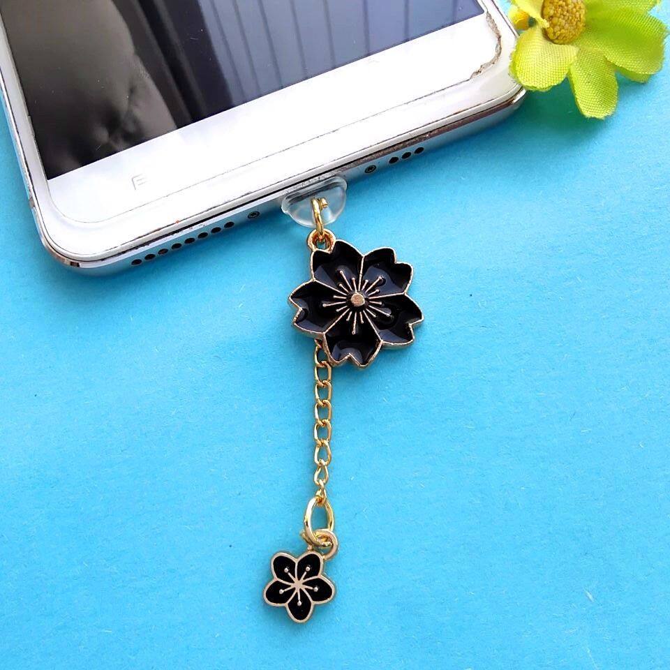 Dây Trang Trí Gắn Lỗ Cắm Sạc Điện Thoại Lỗ Cắm Chống Bụi Hình Hoa Anh Đào Màu Trắng Đen Dành Cho Nam Và Nữ
