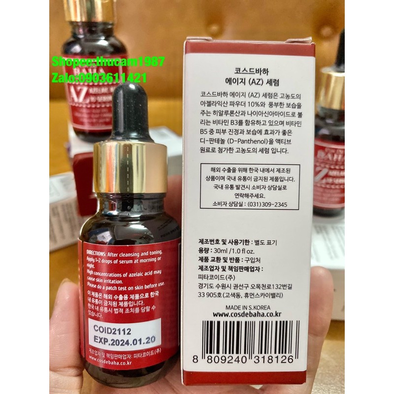 Serum trắng da, ngừa mụn Cos De BAHA Azelaic Acid 10% ,Hyaluronic Acid, Niacinamide, Panthenol 30ml.