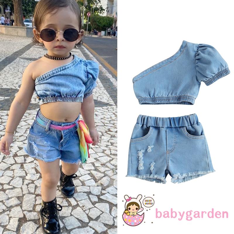 Áo Crop Top Hở Vai Có Túi + Quần Short Denim Cho Bé Gái