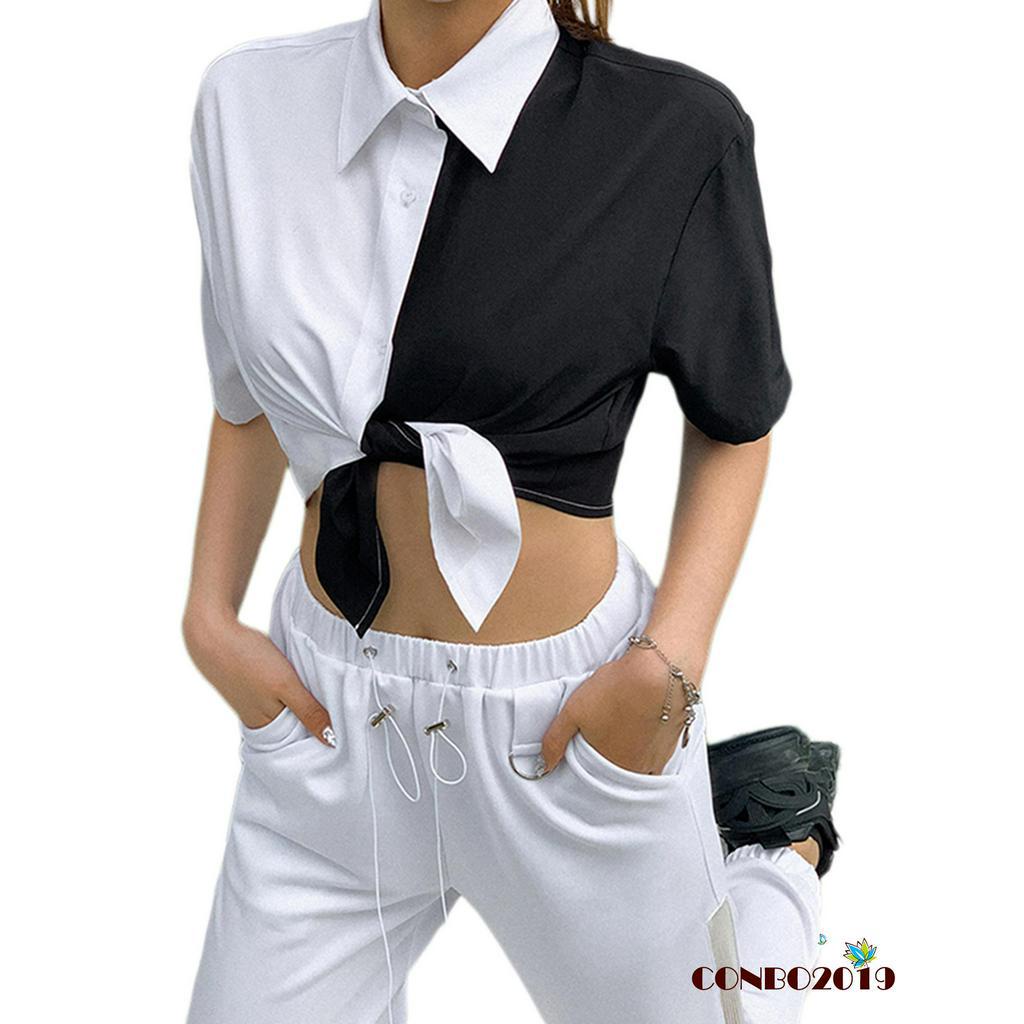 HGM-Summer trend fashion T-shirt black and white punk style short sleeve lapel tie knot shirt shirt women