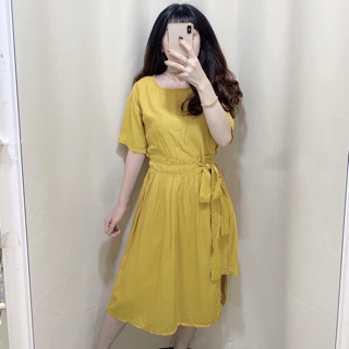 [Ảnh thật] Đầm vàng đắp chéo cột nơ eo dễ thương ulzzang