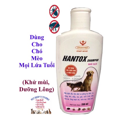 Sữa tắm trị ve, rận, bọ chét, ghẻ trên Chó Mèo Pet Thú Cưng HANTOX SHAMPOO Nhũ bạc Chai 200ml Sx tại Hanvet VN