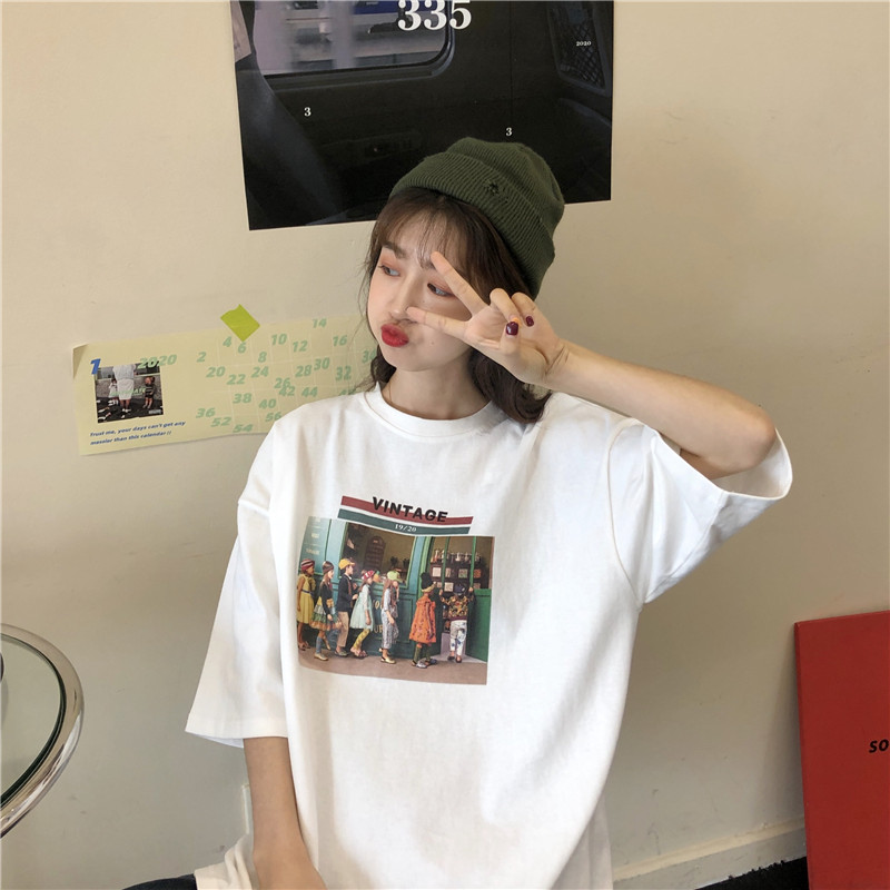 Summer 2021 New Retro Art Short Sleeve T-Shirt Oversized Korean T-Shirt Women's Hip Hop Ullzang T-shirt