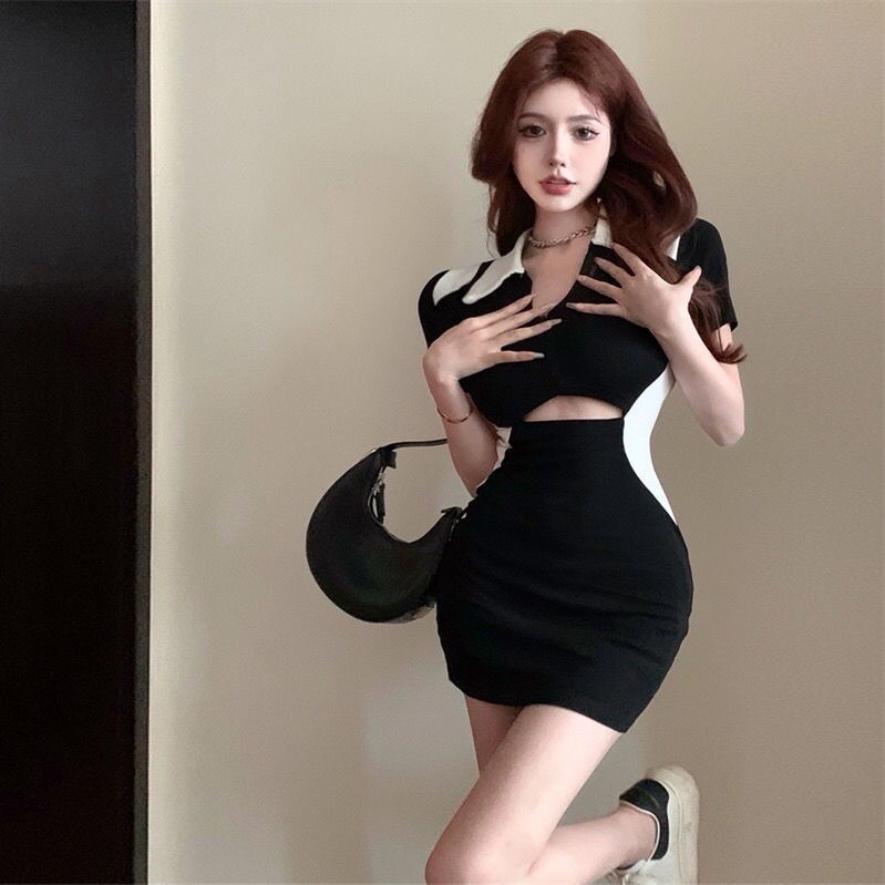 Jiashucheng Đầm Nữ Ngắn Tay Nhấn Eo Thời Trang Hàn