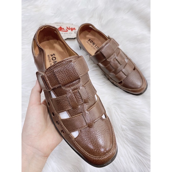 Giày da nam thoáng lỗ mùa hè,giày hè nam màu nâu quai dán