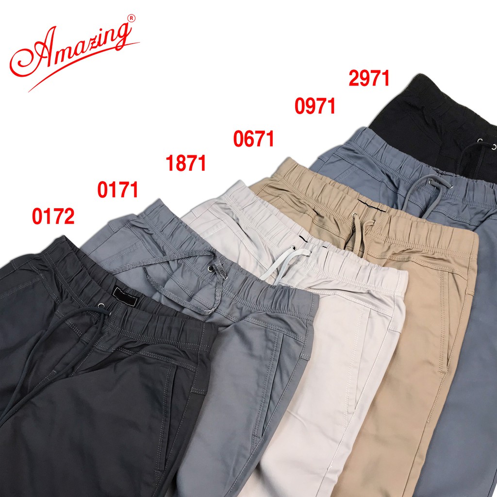 Bigsize, quần Baggy lưng thun hiệu Amazing, dáng thể thao Unisex, form suông, vải kaki co giãn màu đen và xám