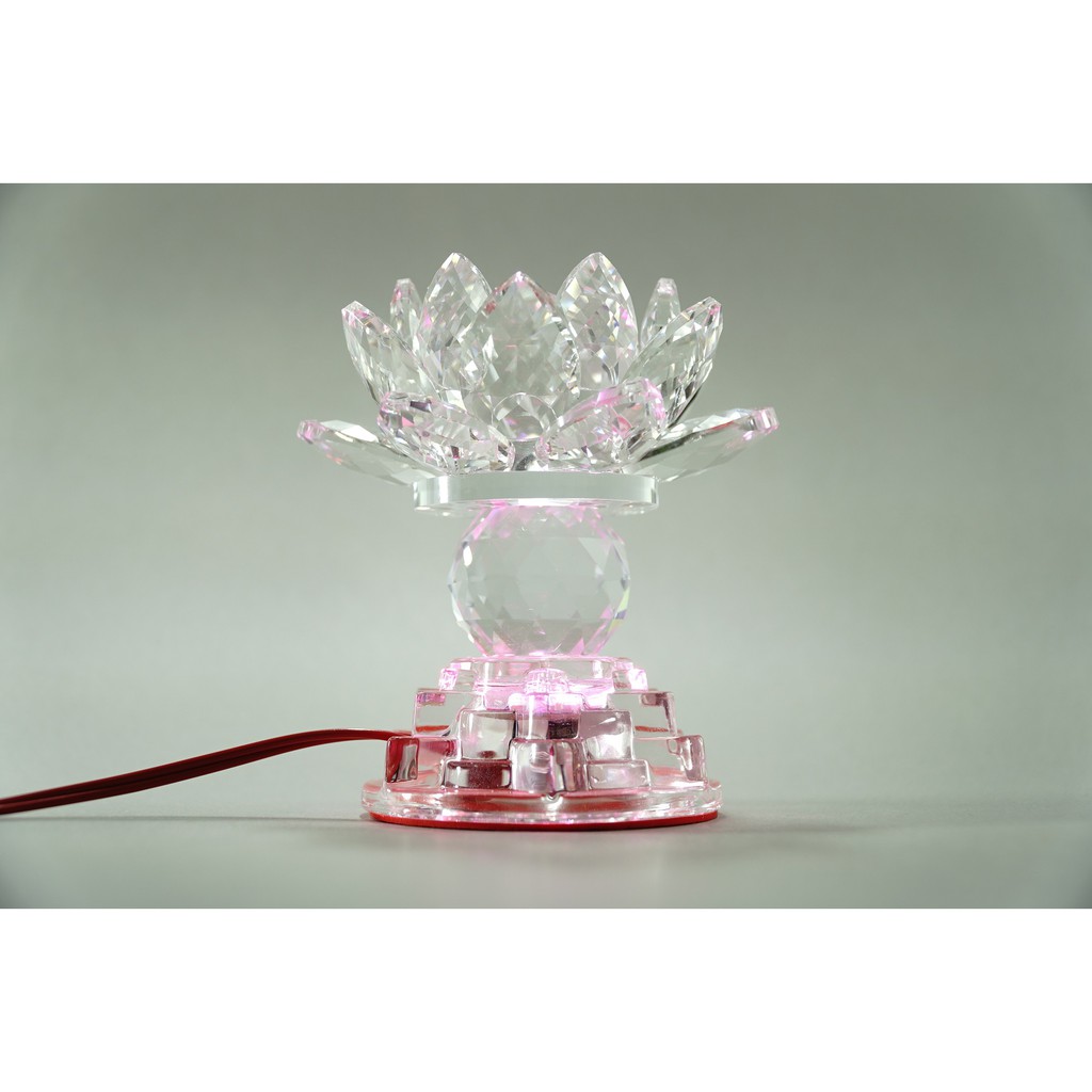 Đèn thờ led cúng điện pha lê nguyên khối hoa sen đổi màu trụ tròn tầng cao cấp - Cao 12cm