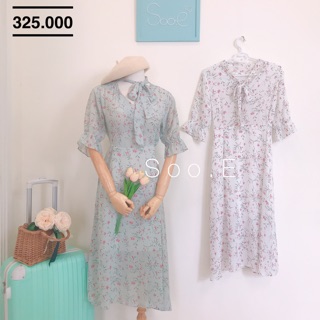 Đầm hoa nơ cổ Vintage (Trắng, Xanh Mint Pastel)