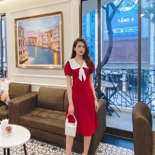 Đầm váy đỏ xoè chiết eo cổ peter pan trắng