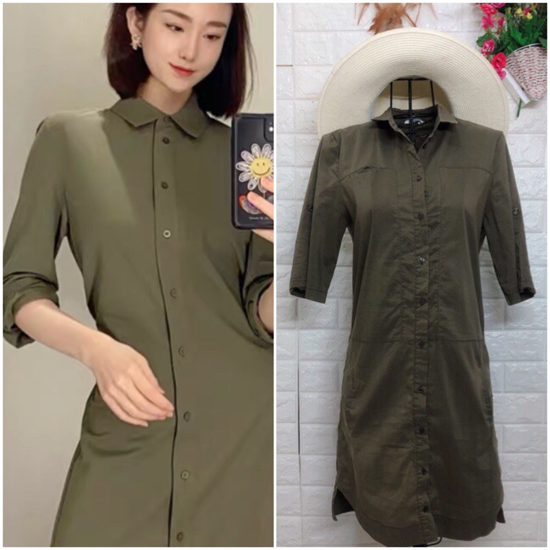 Thanh lý đầm sơ mi suông màu rêu Korea