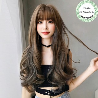 Tóc giả nữ hightlight xanh cá tính – tóc giả nguyên đầu dài xoăn sóng lớn, mái phồng tự nhiên - Cô nàng sư tử