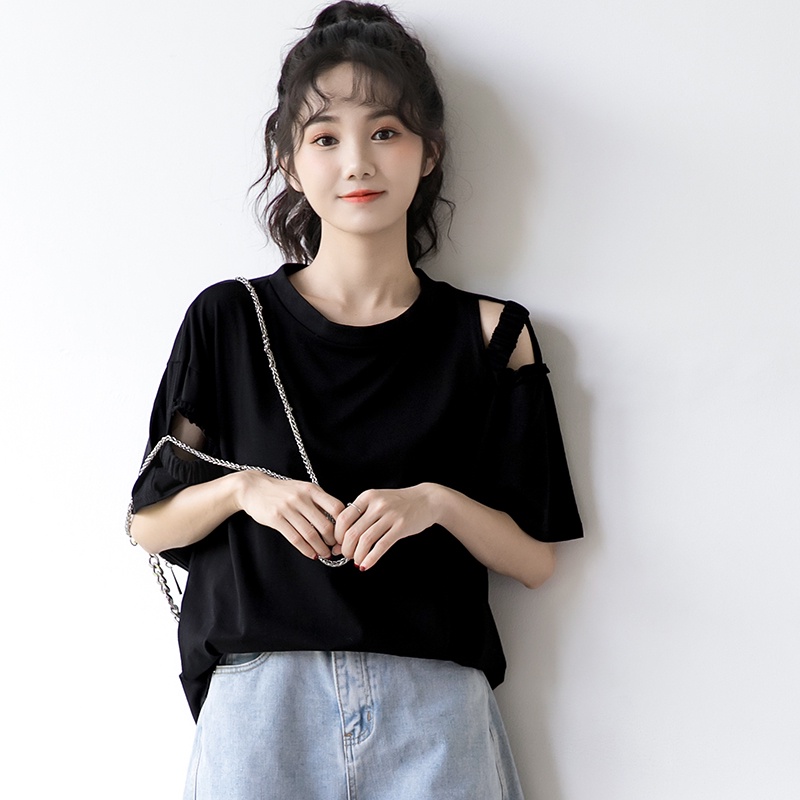 Áo Thun Tay Ngắn Hở Vai Màu Đen Thời Trang Dành Cho Nữ