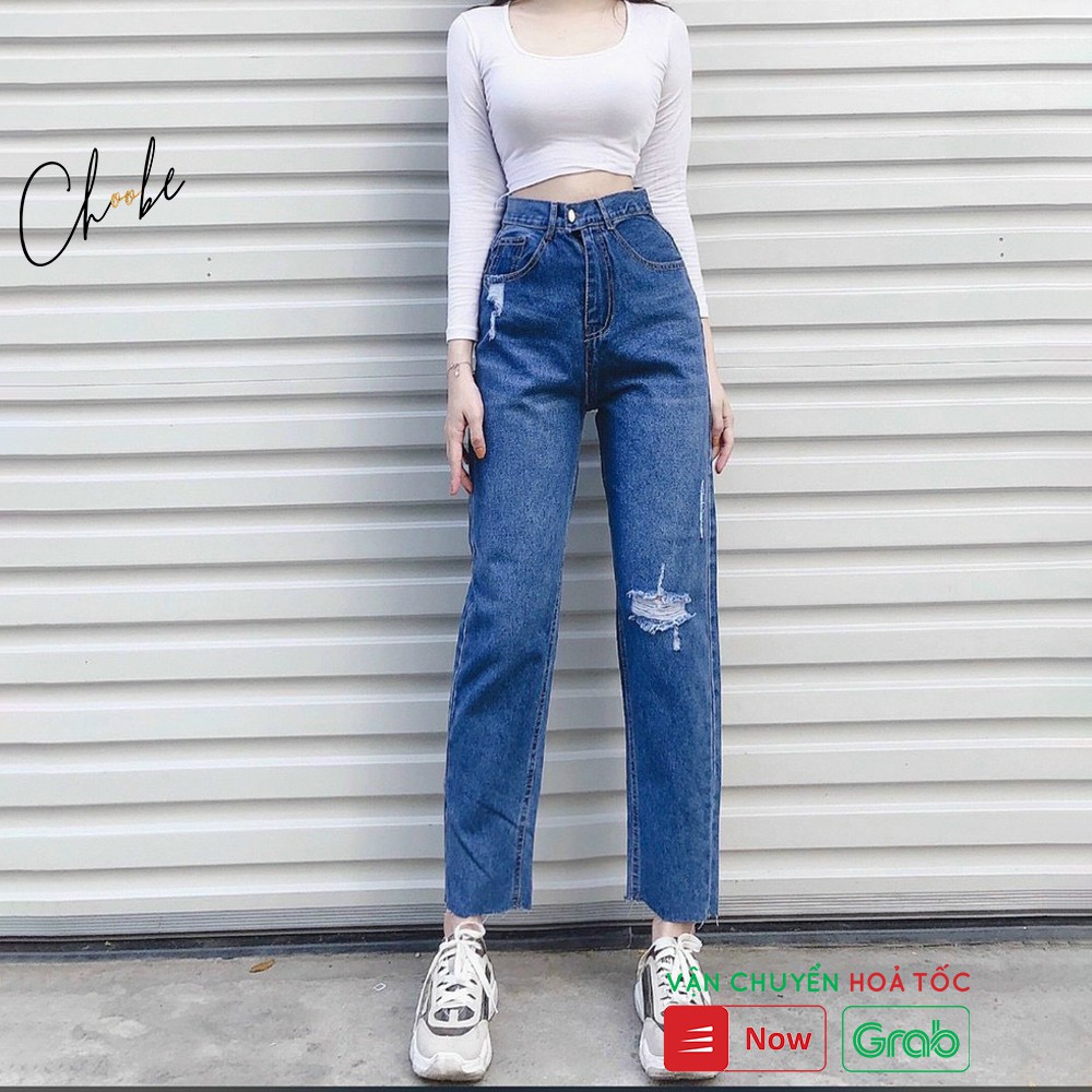 Quần jean nữ Choobe lưng cao baggy bò trơn rách gối phong cách thời trang - QJ08 | BigBuy360 - bigbuy360.vn