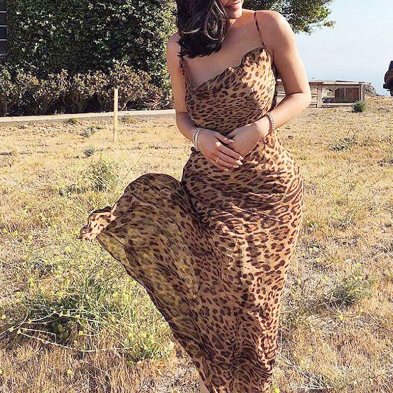 Summer Women Leopard Print Long Dress Chiffon See Through y Backless Party Dresses Elegant V Neck Beach Dress S