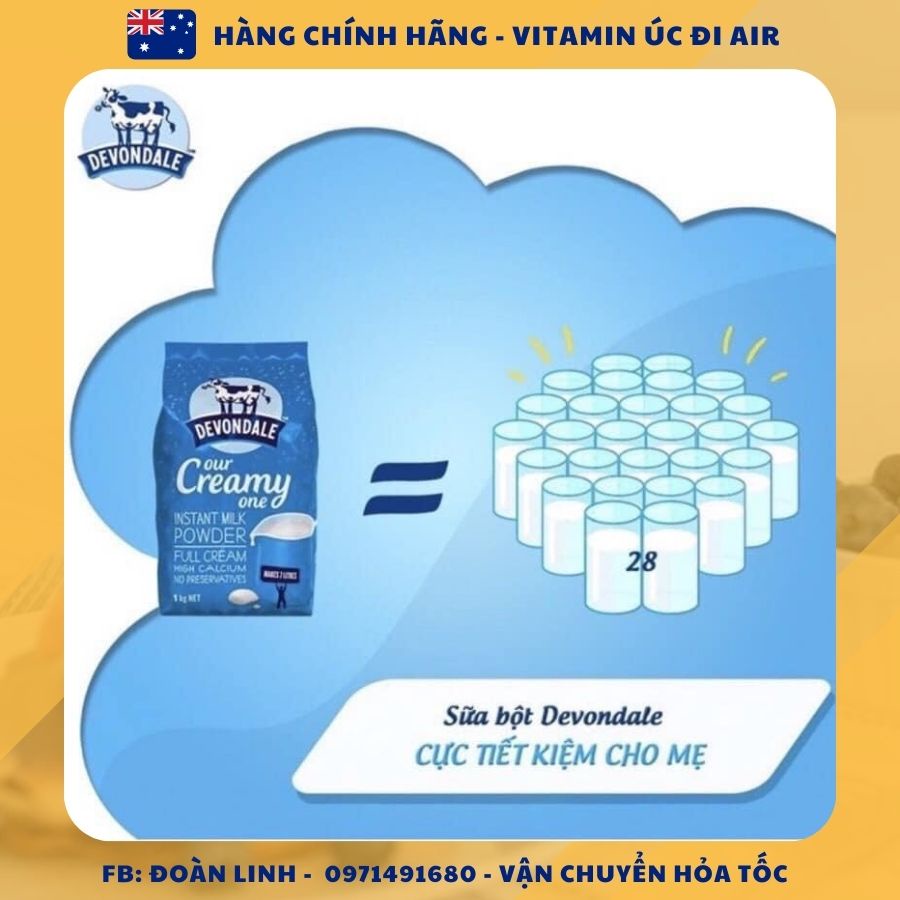 Devondale sữa bột nguyên kem túi 1kg, Hàng chuẩn úc đi air, Sữa bột Devondale Úc nguyên kem 1kg