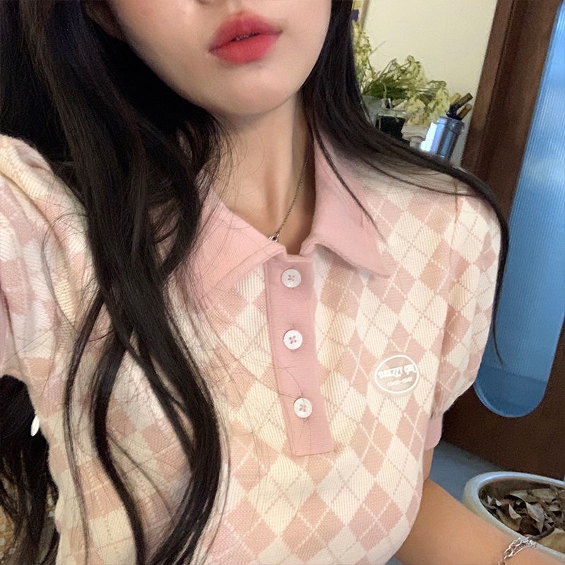 COZOK Đầm Tay Ngắn Cổ polo Họa Tiết Hình Thoi Hợp Thời Trang