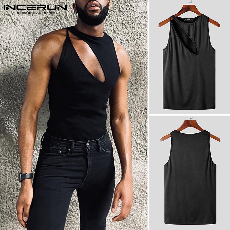 Áo thun INCERUN cổ tròn dáng ôm khoét rỗng không tay thoải mái cho nam màu đen